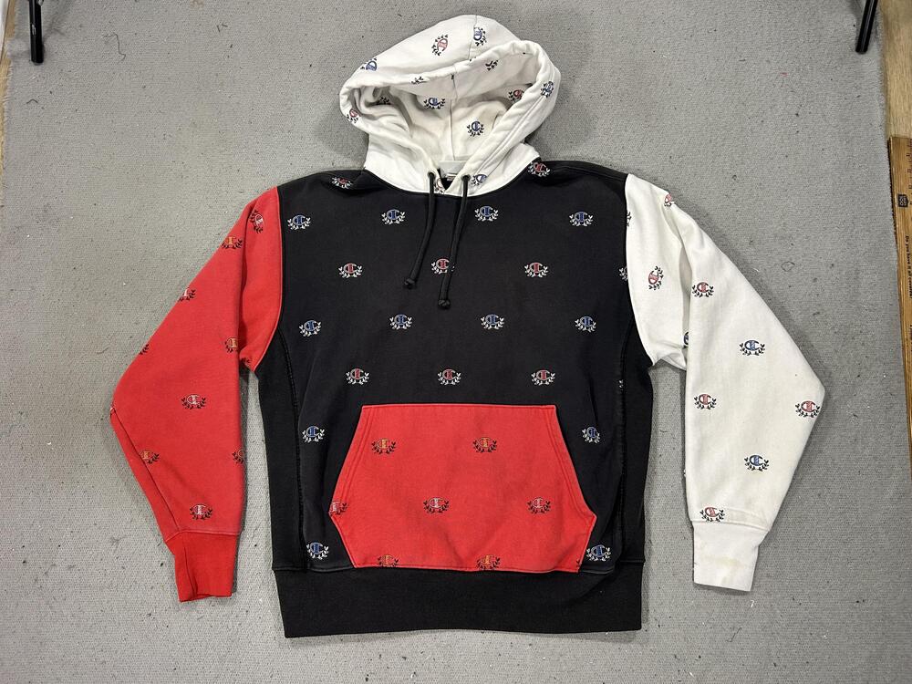 Champion Reverse Weave Hoodie Men Large Pullover Black Red White Allover Bandana